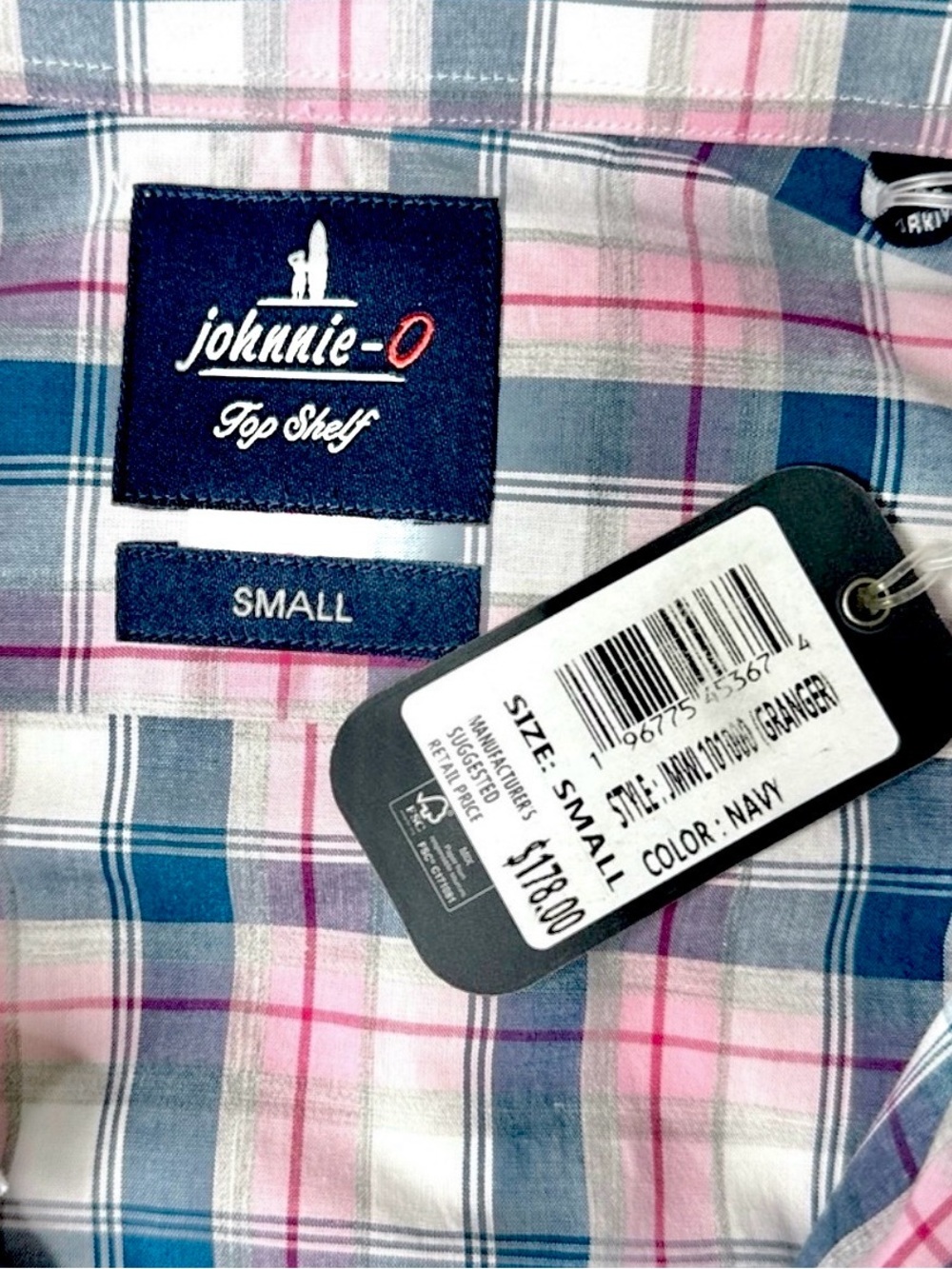 Johnnie-O Top Shelf Granger Button-Down Shirt Pink Blue Plaid Size Small NWT - Picture 9 of 13
